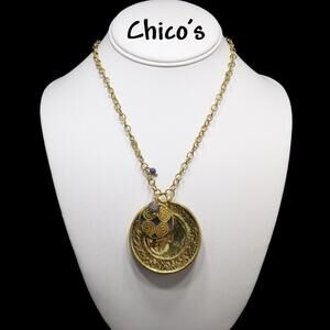 Chico's Gold Medallion & Blue Pendant & Charm Necklace. New With Tags